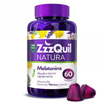 Vicks ZzzQuil Natura Gummies de Melatonina 1 mg y Valeriana 60 uds envase y muestra